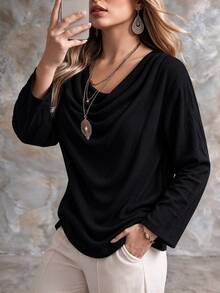 Ceyna Plus Size Solid Color Casual Elegant Minimalist Cowl Neck Loose Long Sleeve Shirt Thanksgiving Formal Homewear Office Brunch Black Fall - Black - View 6