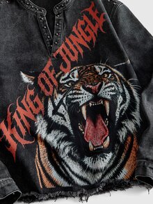 ROMWE MEN New American Retro Y2K Jungle King Tiger Print Rivet Denim Long Sleeve Top Unisex Distressed Washed Soft Denim Rivet Decor Jacket Outerwear For Multiple Occasions - Multicolor - View 4