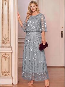 Amorya Women's Elegant Party Sequin Embroidered Mesh Mid-Length Dress - Light Grey - View 1