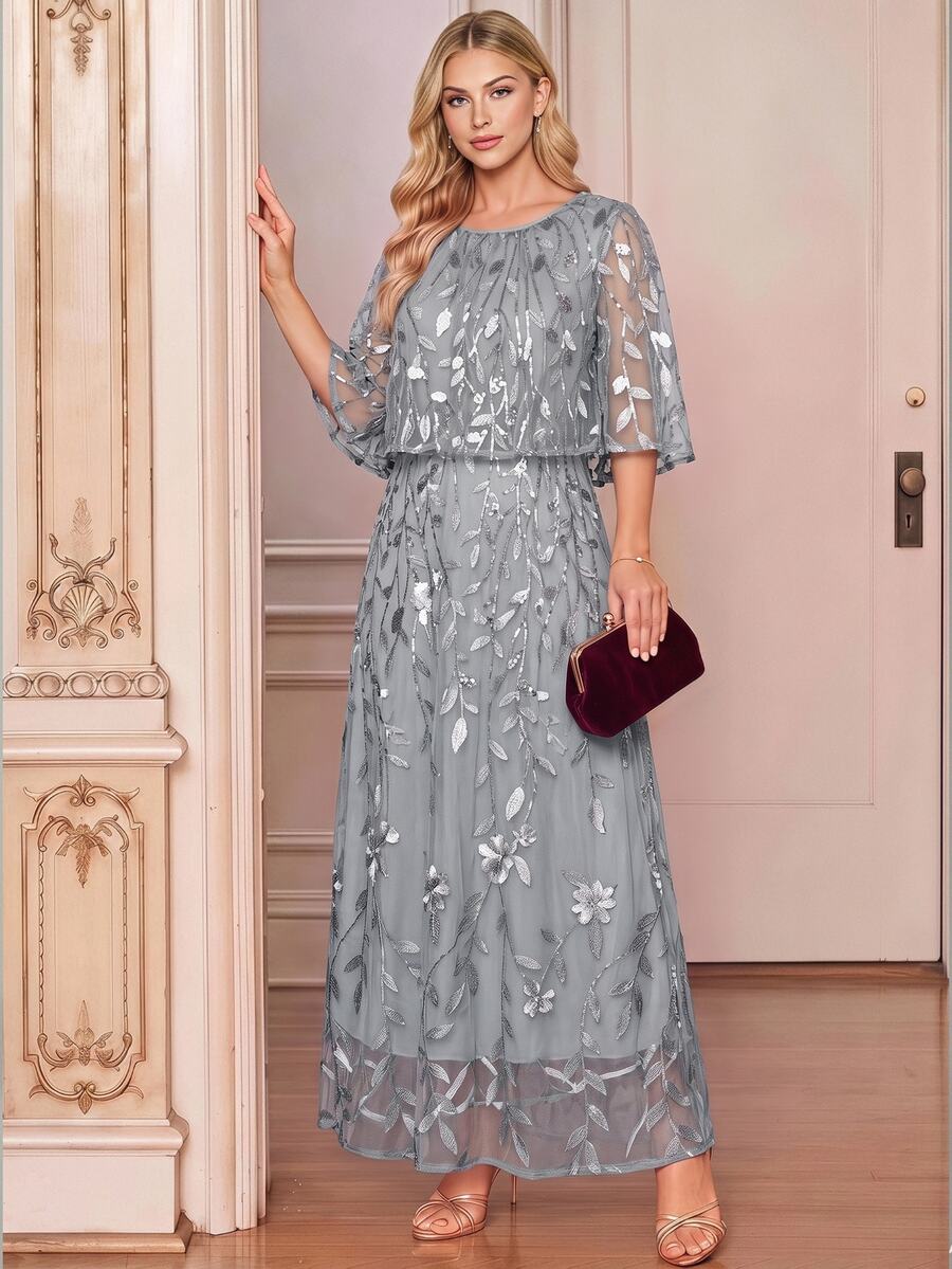 Amorya Women's Elegant Party Sequin Embroidered Mesh Mid-Length Dress - Light Grey - View 1