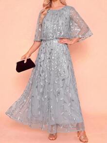 Amorya Women's Elegant Party Sequin Embroidered Mesh Mid-Length Dress - Light Grey - View 8