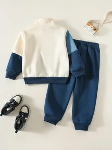 SHEIN 兒童男童 2件組休閒套裝－立領套頭連帽衛衣與保暖內裡秋季長褲，適合冬季、學校、開學季，舒適套裝 - 彩色 - 查看 2