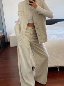 DAZY Women's Loose Vest And Long Pants Casual Denim Set - Khaki - View 3