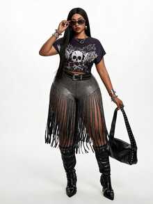Maweii Plus Size Fashion Sexy Tassel Elastic Leather Shorts - Silver - View 6