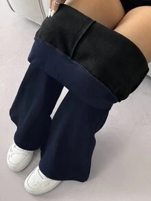 Comfortcana 女款大尺碼保暖刷毛內裡長褲 冬季保暖休閒寬鬆長褲 秋季 - 藏蓝色 - 查看 6