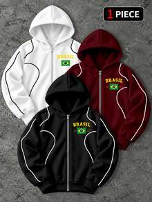 Gym Rark Men's Letter & Brazil Flag Print Zip-Up Hooded Sports Jacket - Black - View 1