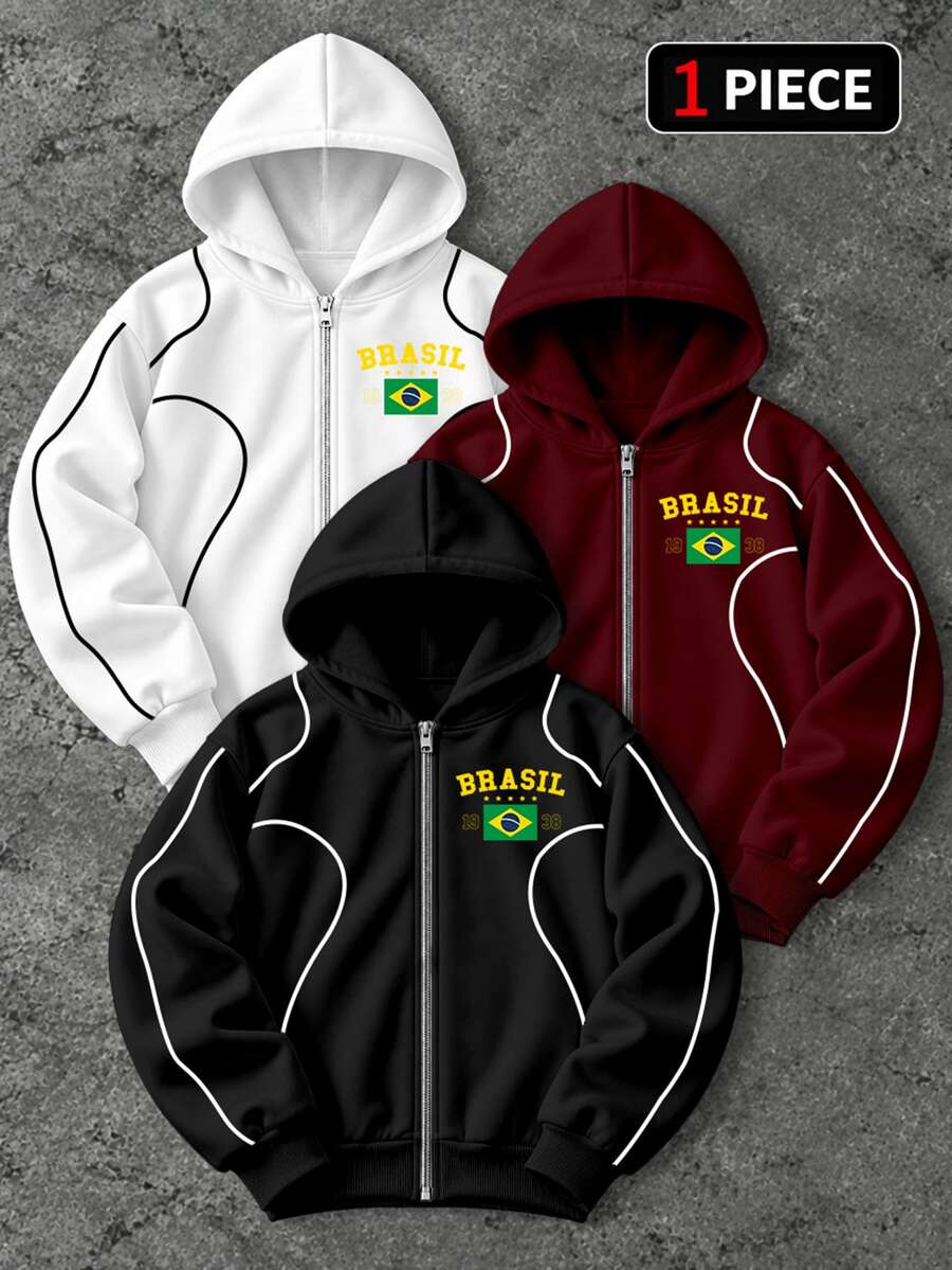 Gym Rark Men's Letter & Brazil Flag Print Zip-Up Hooded Sports Jacket - Black - View 1
