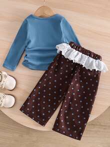 SHEIN 2pcs/Set Baby Girl Outfit, Ribbed Long Sleeve T-Shirt Light Blue Brown Wide Leg Pants Lace Ruffle Waistband, Cowgirl Family Matching Photoshoot - Multicolor - View 2
