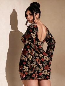 SHEIN BAE Plus Size Vintage Leaf Print Dress - Multicolor - View 2