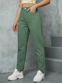 Jeanoix 女款休閒日常牛仔褲，附口袋與鈕扣 - 橄欖綠 - 查看 3