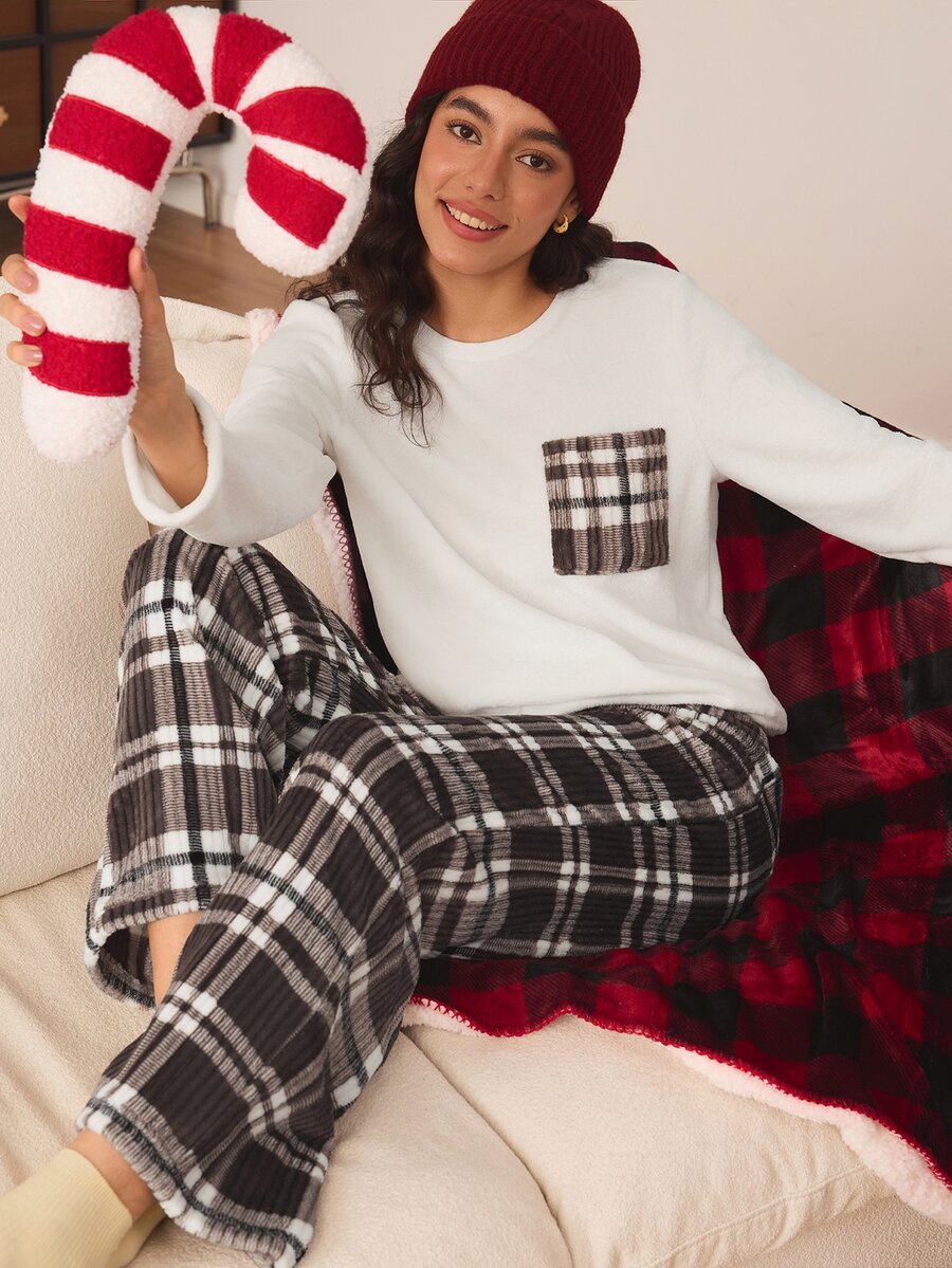 Chillnights Women's Casual Home Plush Plaid Comfortable Pajama Set - Multicolor - View 1