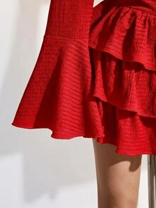SHEIN ICON 女款純色抓皺露肩休閒派對迷你洋裝 - 紅色 - 查看 6