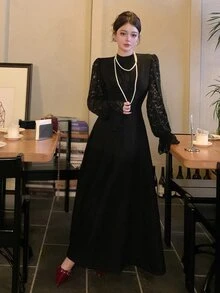 DAZY Gaun Pesta & Perjalanan Kasual Patchwork Renda Wanita - Hitam - View 6
