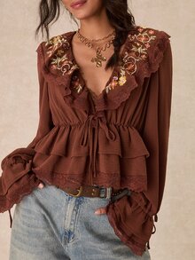 Easelle Women's Floral Embroidery Patchwork Ruffle Front Tie Fashion Flare Sleeve Blouse Bohemian Brown Autumn/Winter Ruffle Vintage - Coffee Brown - View 3