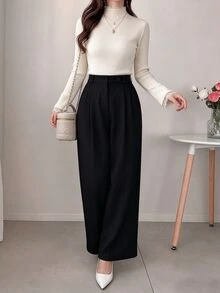 FRIFUL 女款純色高領長袖紋理布料蕾絲拼接修身休閒百搭T恤，秋冬款 - 米色 - 查看 5