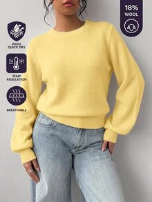 SHEIN BASICS 女款休閒百搭米白色圓領長袖針織毛衣，秋季女裝，適合上班、日常、居家、辦公室穿搭 - 淡黃色 - 查看 1