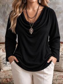 Ceyna Plus Size Solid Color Casual Elegant Minimalist Cowl Neck Loose Long Sleeve Shirt Thanksgiving Formal Homewear Office Brunch Black Fall - Black - View 4