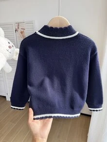 SHEIN 少女針織毛衣，蕾絲下擺高領套頭衫，舒適柔軟杏色針織上衣，甜美休閒極簡風，適合秋冬 - 寶藍色 - 查看 2