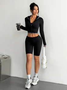 SHEIN Dewbera 1pc Black Contrast Piping Hooded Knit Top, Full Zip Long Sleeve Cropped Cardigan, Slim Fit, Suitable For Daily, Autumn - Black - View 1