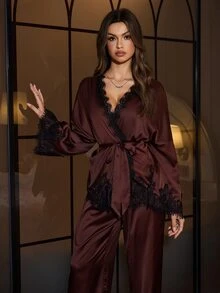 SilkySpell Women's Lace Patchwork Satin Long Sleeve Pants Pajama Set - Coffee Brown - View 3