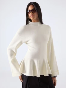 LYSMO Women's Cinched Waist Ruffle Hem Long Sleeve Sweater - Apricot - View 3