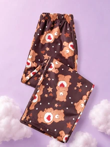 SHEIN X Care Bears 1件少女休閒百搭舒適棕色卡通熊圖案抓絨長褲，適合日常穿著、秋冬、室內、運動、攝影、假期、生日 - 棕色 - 查看 3