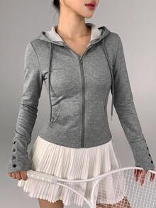 DAZY Autumn Korean Style Grey Hooded Slim Fit Button Decor Casual Tennis Running Streetwear Women's Sports Sweatshirt - Grey - View 1