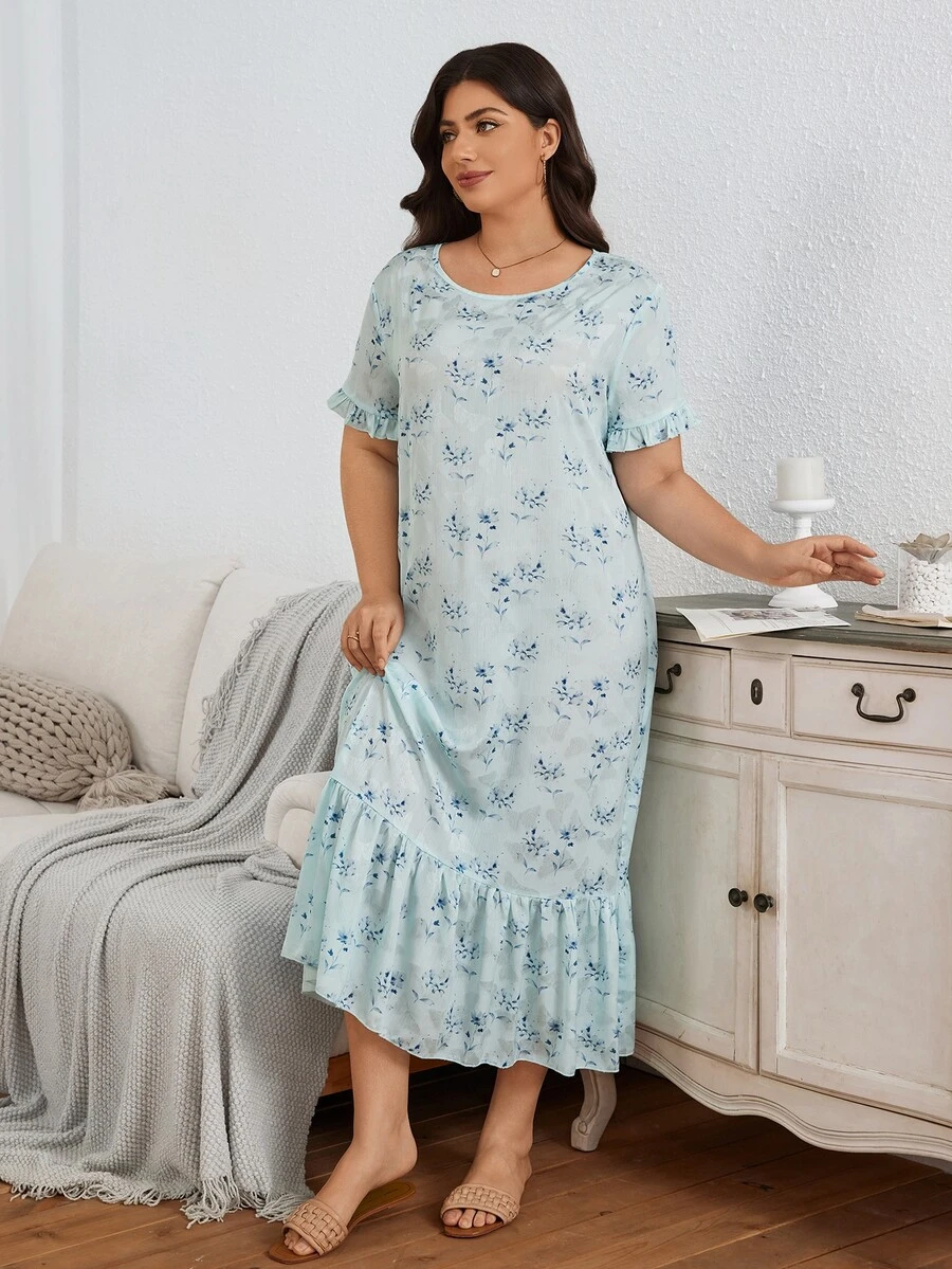 Serenescape Plus Size Comfortable Minimalist Ditsy Floral Nightgown, Ruffle Trim Patchwork Loose Casual Loungewear Maxi Dress - Blue - View 1