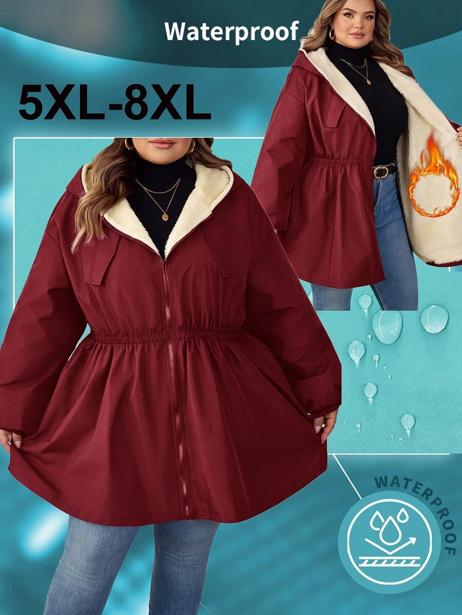 SHEIN CURVE+ Plus Size Women's Waist Cinched Warm Hooded Jacket, Autumn ...