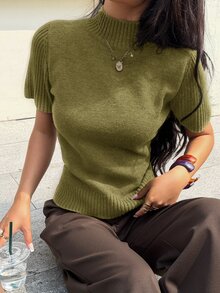 Siren Gaze 女款純色高領短袖針織上衣毛衣，四季通用，新年夏季休閒端莊，教師節辦公穿搭 - 綠色 - 查看 3