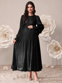 SHEIN 孕婦純色圓領抓皺優雅長袖洋裝 秋季 - 黑色 - 查看 6