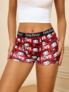 Betty Boop x SHEIN Women's Letter Cartoon Print Casual Flat Shorts - Red - View 6