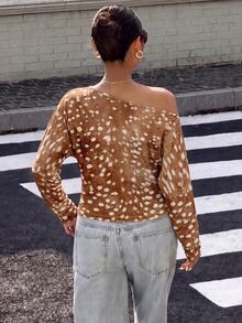 Muchica 女款海軍藍與黃色條紋 T-shirt，夏季休閒日常穿搭蝙蝠袖不對稱領上衣，復古學院風馬匹印花街頭風 - 彩色 - 查看 2