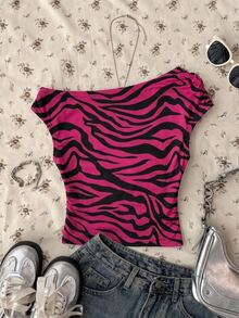 Attitoon Women's Purple Zebra Print Asymmetrical Shoulder Ruched Fitted Cropped Top, Minimalist Casual Streetwear Style - Multicolor - View 2