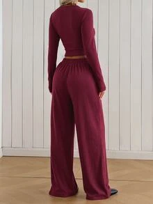 SHEIN EZwear 米色針織女款圓領長袖T恤與長褲套裝，居家旅行秋季休閒 - 酒紅色 - 查看 2
