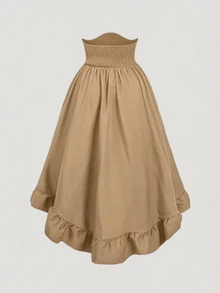 SHEIN MOD Chân váy cạp cao size lớn vạt bất đối xứng, chiều dài tùy chỉnh, xếp ly trước bèo nhún, thiết kế đảo ngược, phong cách retro Renaissance Fair Goth Rave mùa thu màu đen - Màu Khaki - Xem 4