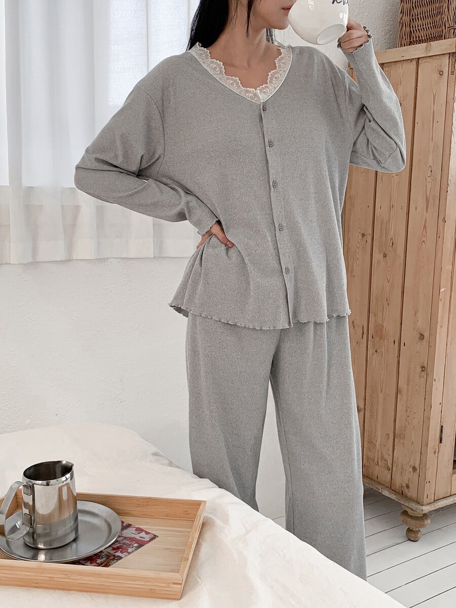DAZY 2-delat set för kvinnor med spetslapptäckning, enfärgad lös cardigan med V-ringning och långa ärmar samt raka långa pyjamasbyxor, sovklädesset - Ljusgrå - Visa 1