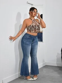 SHEIN PETITE CURVE 大尺碼女款前口袋喇叭褲休閒百搭牛仔褲 - 藍色 - 查看 5