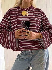 SHEIN EZwear 海外長袖酒紅條紋襯衫，秋季上衣，適合日常通勤、聚會、秋冬春夏、聖誕節、新年、感恩節、派對、婚禮、海灘、畢業典禮、優雅、外出、約會、通勤、情人節、優雅、度假、Y2K、畢業典禮等場合 - 彩色 - 查看 7