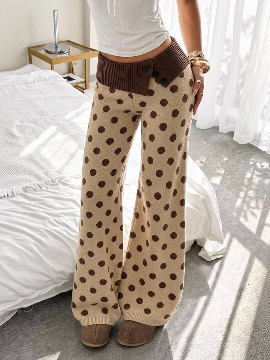 CovetEZ 女款秋冬居家服,簡約舒適甜美休閒雙層腰部設計鈕扣不對稱極簡波點針織褲,日常穿著,秋季 - 彩色 - 查看 1