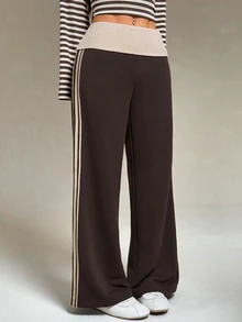 SHEIN PETITE Women's Minimalist Striped Color Block Casual Long Pants - Brown - View 1