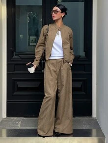 Livesso Autumn/Winter Coffee Brown Round Neck Long Sleeve Slim Fit Waist Top With High Waist Loose Wide Leg Pants Women 2 Pieces Set - Coffee Brown - View 6