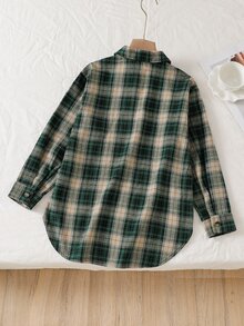SHEIN 女童復古學院風寬鬆慵懶長袖中長版襯衫秋季上衣，校園、感恩節綠色格紋 - 彩色 - 查看 2