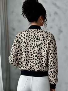 Selianne Women's Leopard Print Long Sleeve Zip-Up Baseball Collar Jacket - Black - View 2
