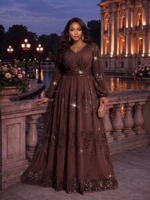 Fleurora Elegant Pink Dress Graduation Cocktail Sequin Ceremony Birthday Wedding Guest Long Party Formal Fall Christmas - Brown - View 5