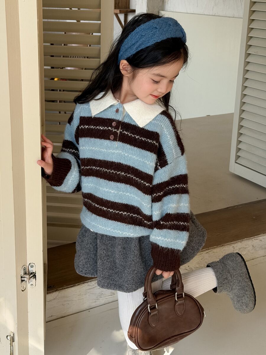 Dazy Kids 女童條紋 Polo 領落肩長袖休閒針織衫 - 棕色 - 查看 1