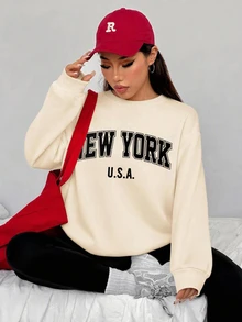 SHEIN EZwear 寬鬆圓領運動衫與緊身內搭褲2件套，紐約英文印花圖案 - 杏色 - 查看 4