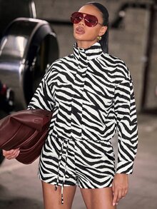 Hauture Women's Zebra Print Long Sleeve Top And Shorts Casual Daily Set - Black and White - View 3