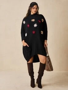Nubod Áo len chui đầu nữ size lớn cổ nửa cao thêu tay dáng rộng túi lớn gấu không đối xứng dáng lửng cho mùa đông - màu đen - Xem 5
