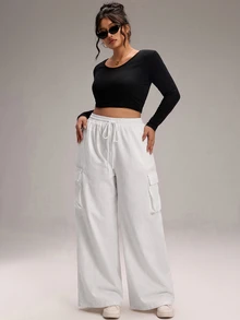 SHEIN BASICS بنطلون طويل كاجوال متعدد الاستخدامات للارتداء اليومي بلون موحد للنساء ذوات الحجم الكبير - أبيض - مشاهدة 5